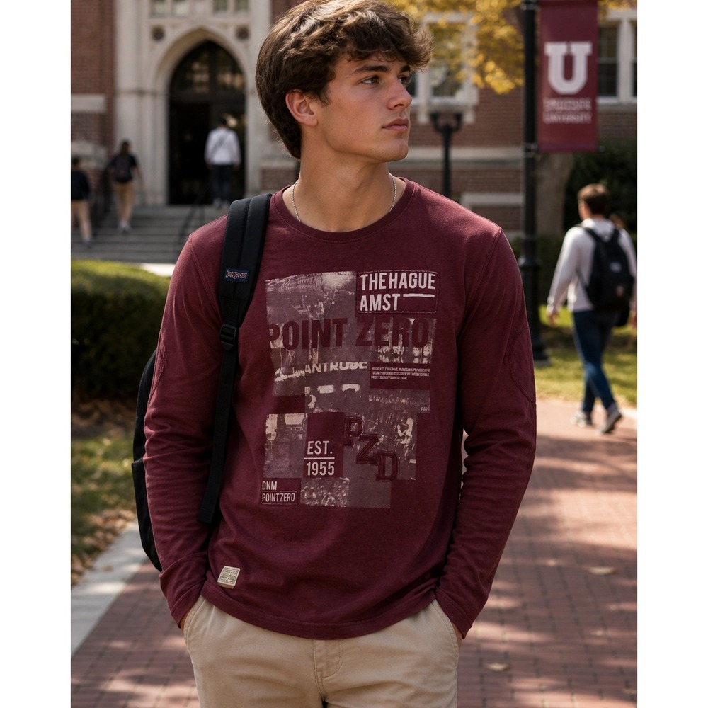 Point Zero Black Label Mens Burgundy Elbow Patch Graphic Long Sleeve Tee M Y2K